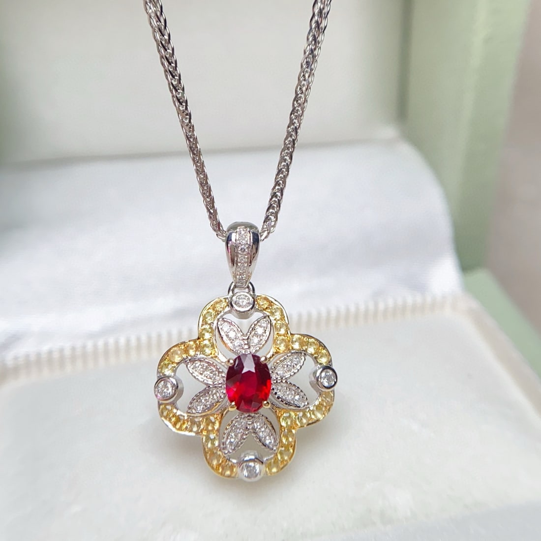14k Gold 0.40 Ct Natural Ruby & Diamond & Sapphire Pendant( Without Chain ) - 2
