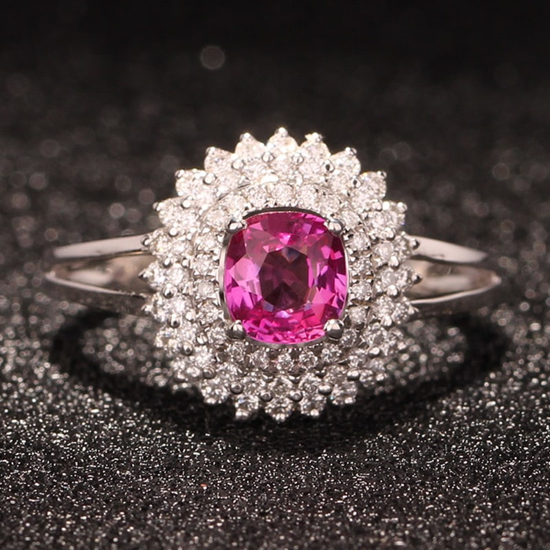 14k Gold 1.08 Ctw Natural Sapphire & Diamond Ring: Ref:230974420 // gold content:14k gold // ring size:7. 25us // // main gemstone:sapphire // shape:cushion // carat weight:0. 84ct // color:pink // treatment:natural // // adjacent gemstone 2 :