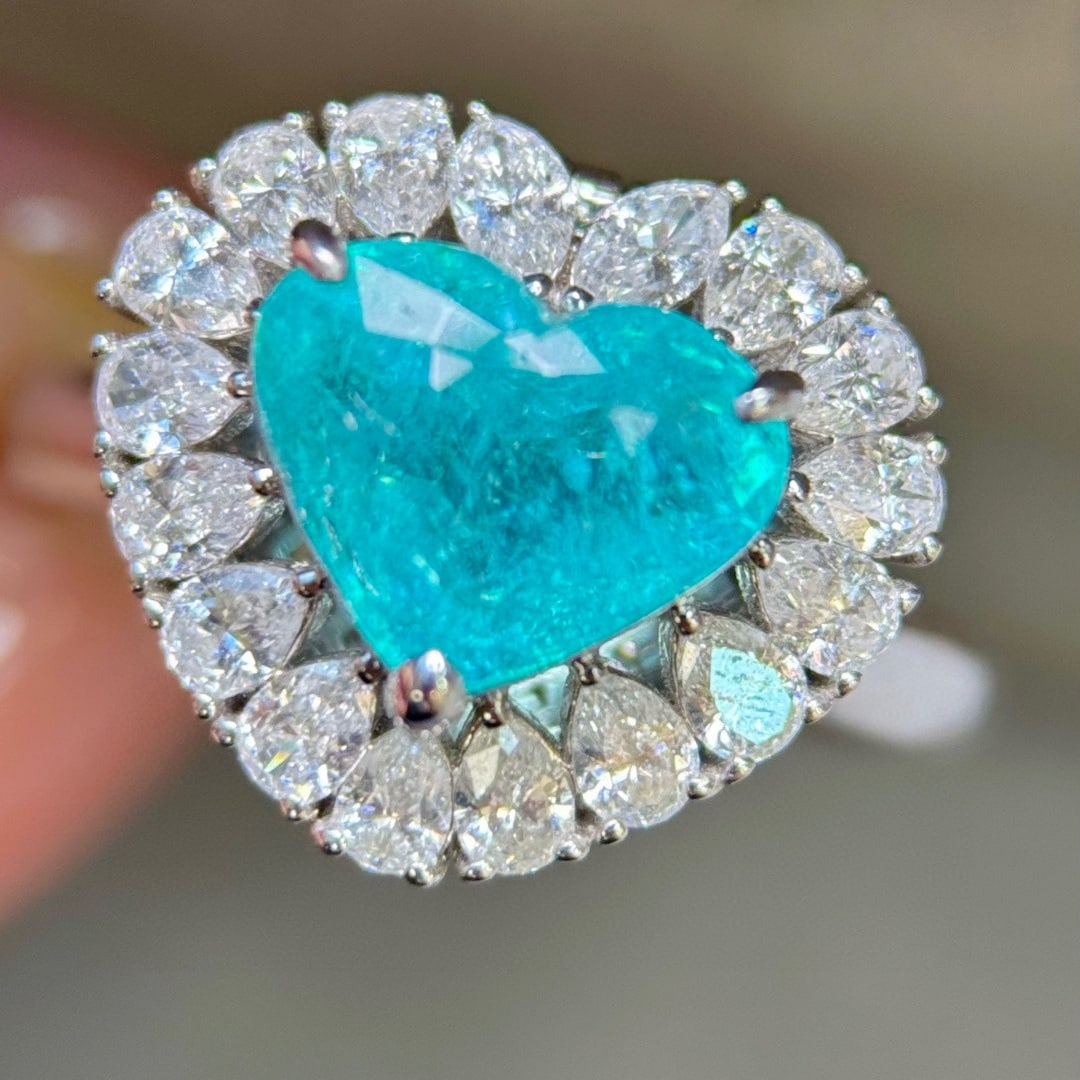 14k Gold 3.05 Ctw Natural Paraiba Tourmaline & Diamond Ring/pendant( Without Chain ): Ref:231131018 // gold content:14k gold // ring size:7. 25us // // main gemstone:paraiba tourmaline // shape:heart // carat weight:1. 96ct // color:blue // treatment:natural // // adjacent gemstone