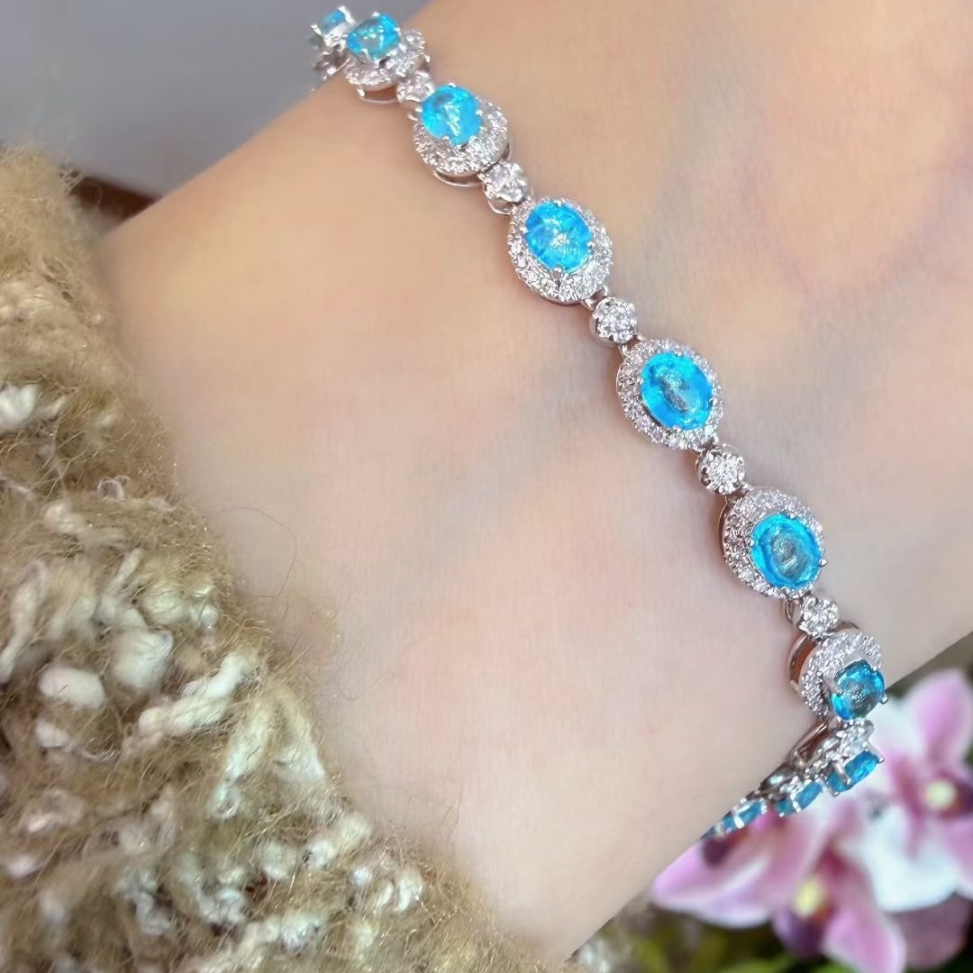 14k Gold 3.1 Ct Natural Paraiba Tourmaline & Diamond Bracelet - 4