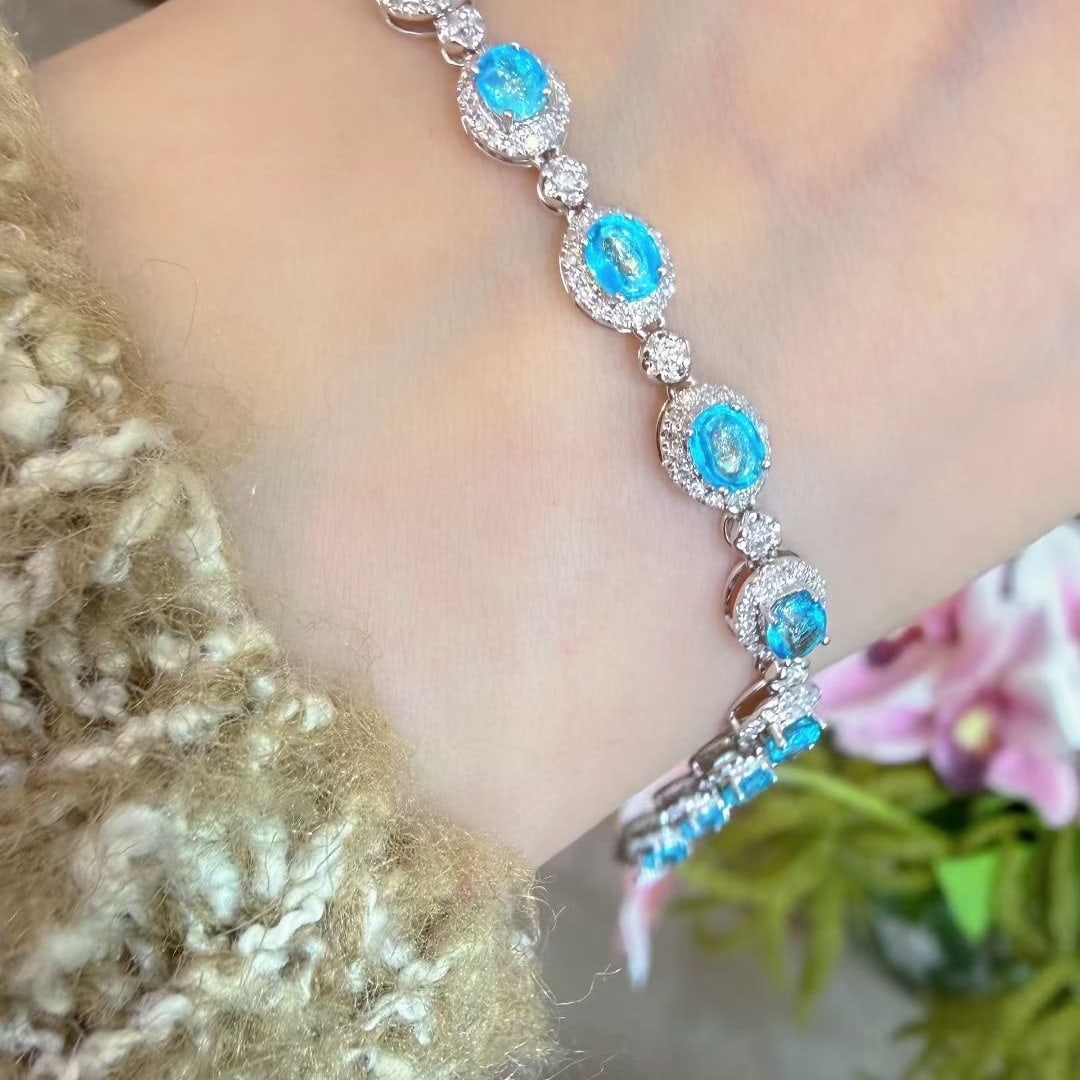 14k Gold 3.1 Ct Natural Paraiba Tourmaline & Diamond Bracelet - 6