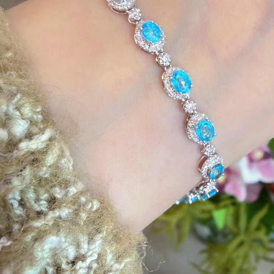 14k Gold 3.1 Ct Natural Paraiba Tourmaline & Diamond Bracelet - 7