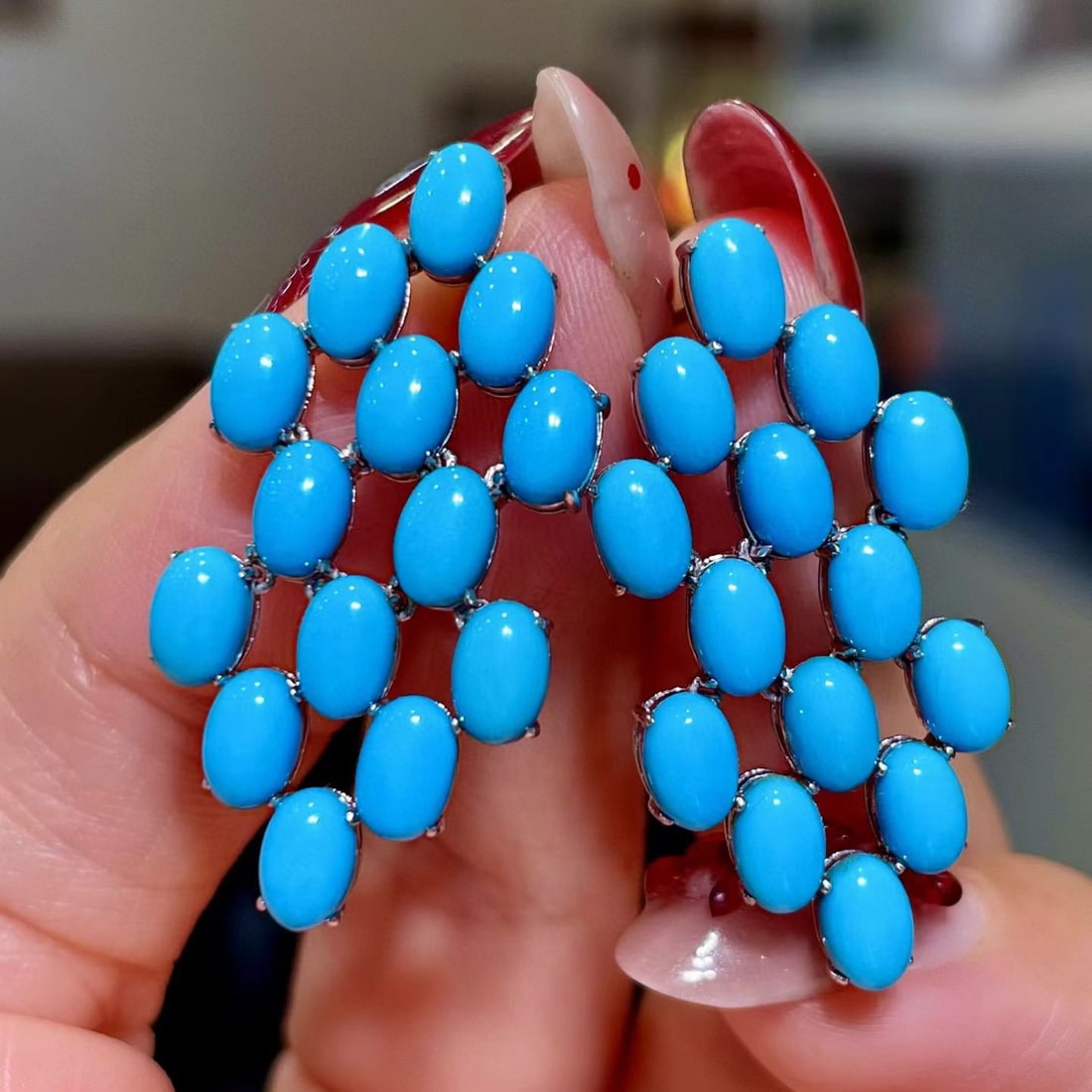 14k Gold 12.52 Ct Natural Blue Turquoise Earrings: Ref:231131055 // gold content:14k gold // main gemstone:blue turquoise // shape:oval // carat weight:12. 52ct // color:blue // treatment:natural // Condition: NewLow Estimate: 5500.00High Estimate: