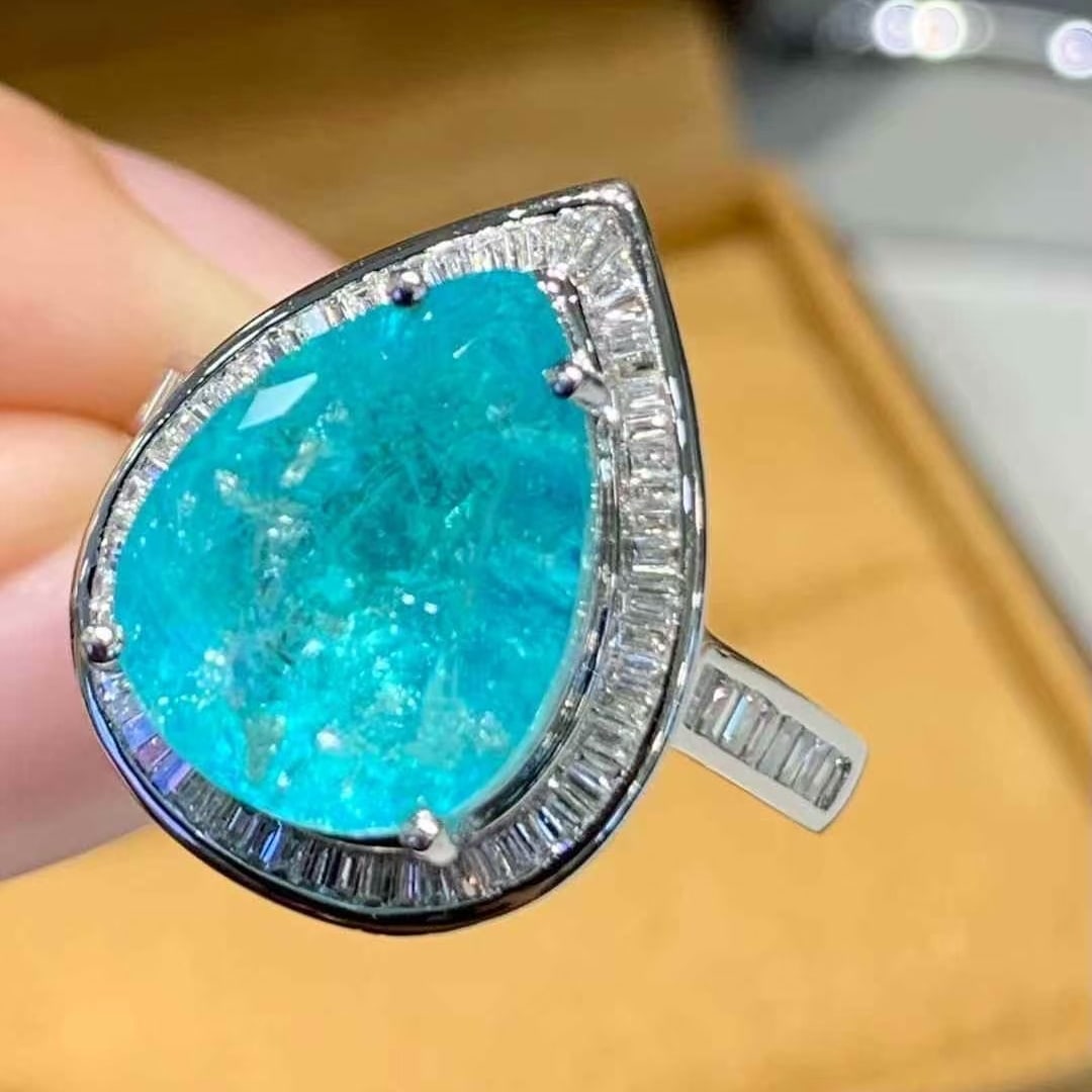14k Gold 7.3 Ct Natural Paraiba Tourmaline & Diamond Ring - 2