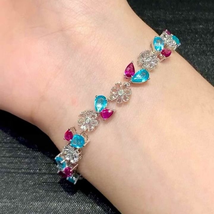 14k Gold 9.3 Ct Natural Paraiba Tourmaline & Ruby Bracelet - 2