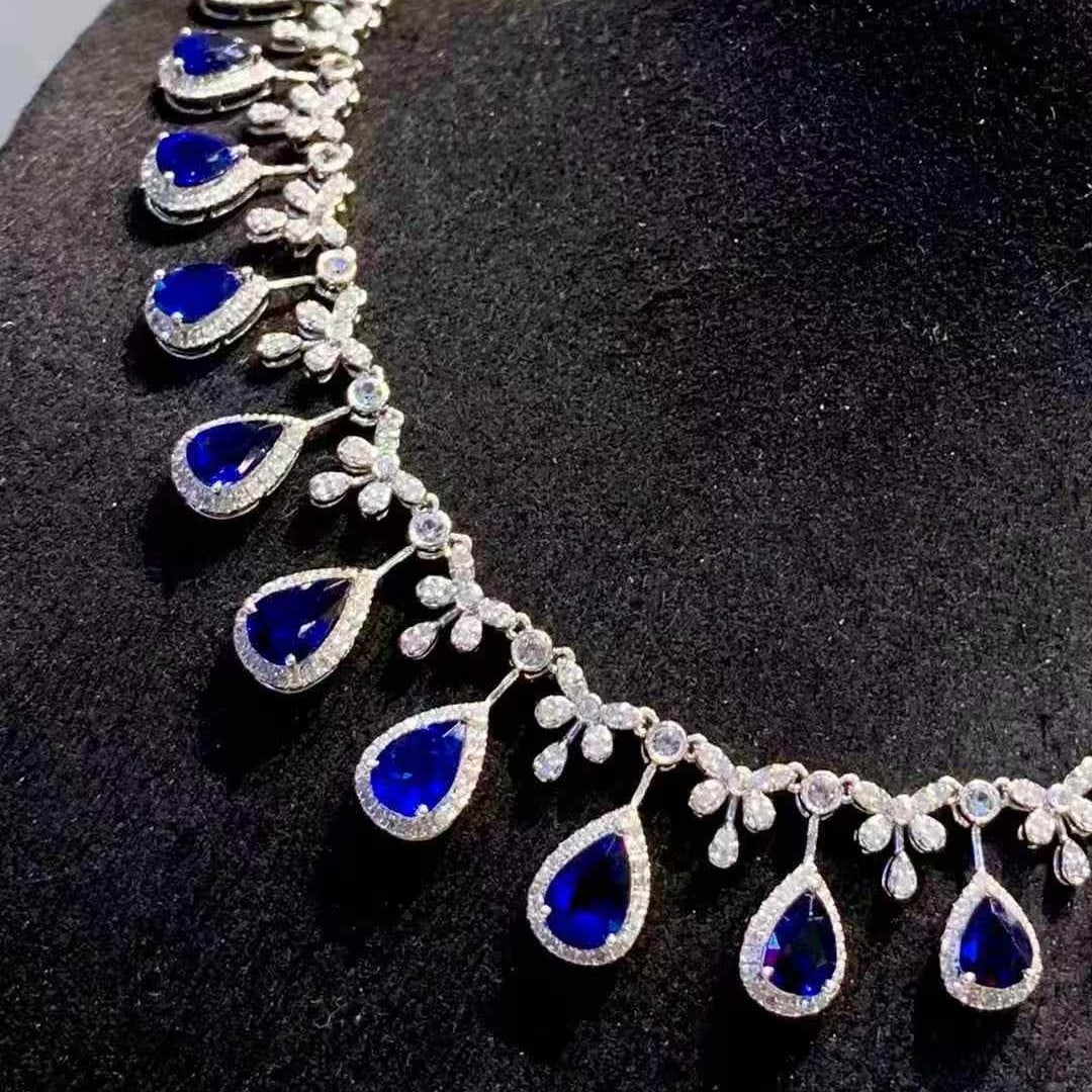 14k Gold 7.2 Ct Natural Sapphire & Diamond & Sapphire Necklace - 5