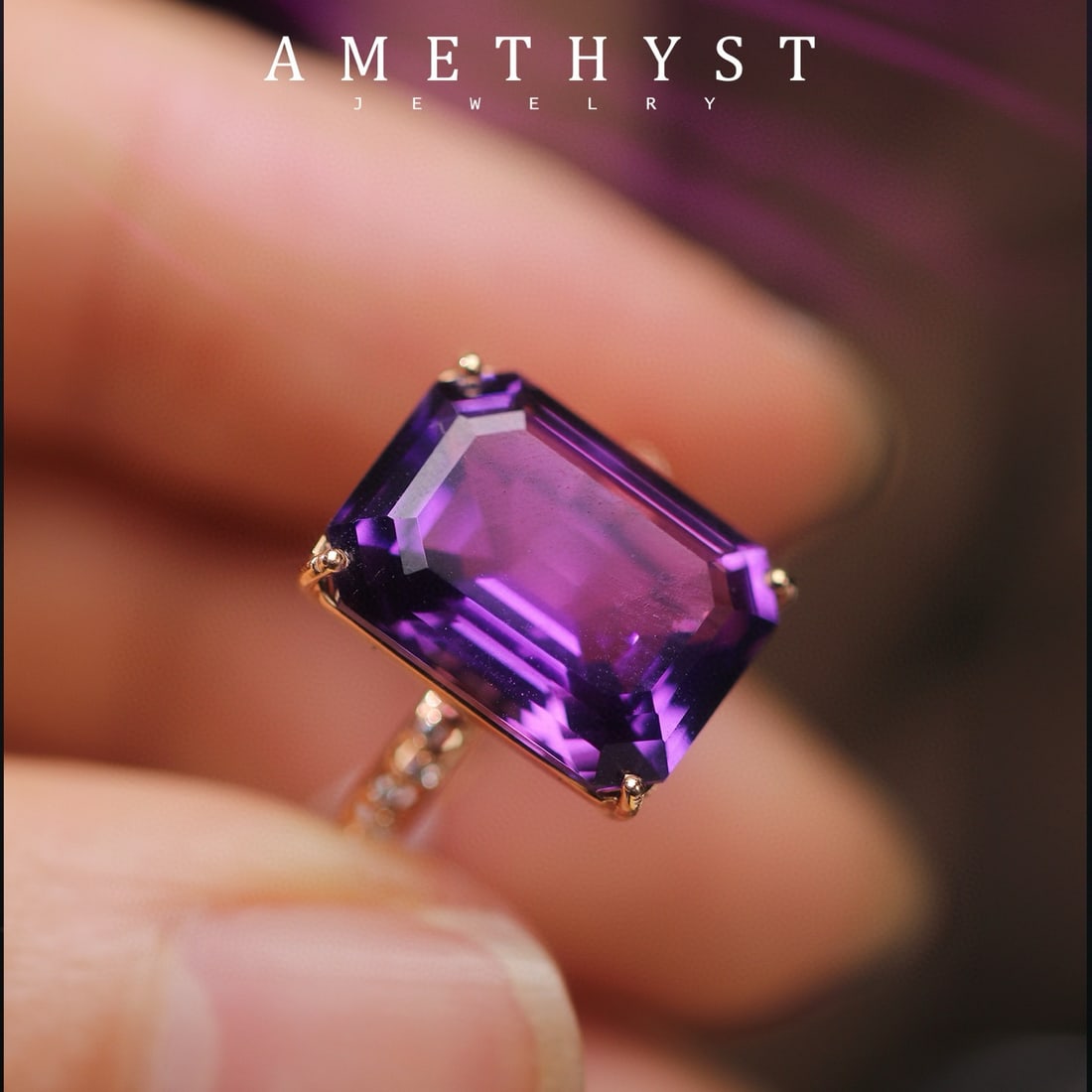 14k Gold 7.95 Ctw Natural Amethyst & Diamond Ring: Ref:231131106 // gold content:14k gold // ring size:7. 25us // // main gemstone:amethyst // shape:asscher // carat weight:7. 9ct // color:purple // treatment:natural // // adjacent gemstone 2 :