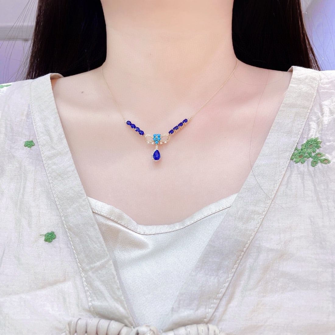 14k Gold 3.35 Ctw Natural Sapphire & Sapphire Necklace - 3