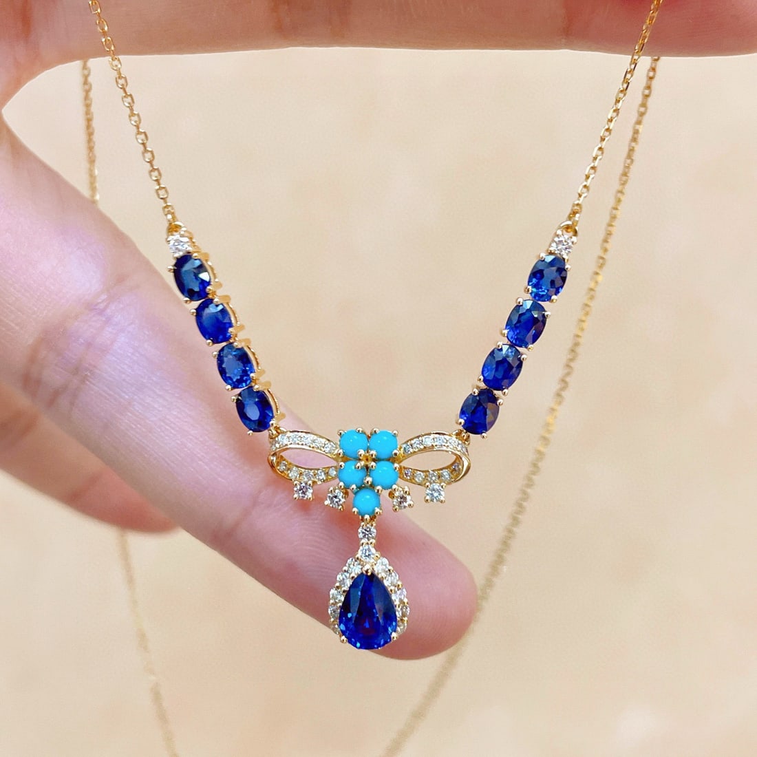 14k Gold 3.35 Ctw Natural Sapphire & Sapphire Necklace - 4