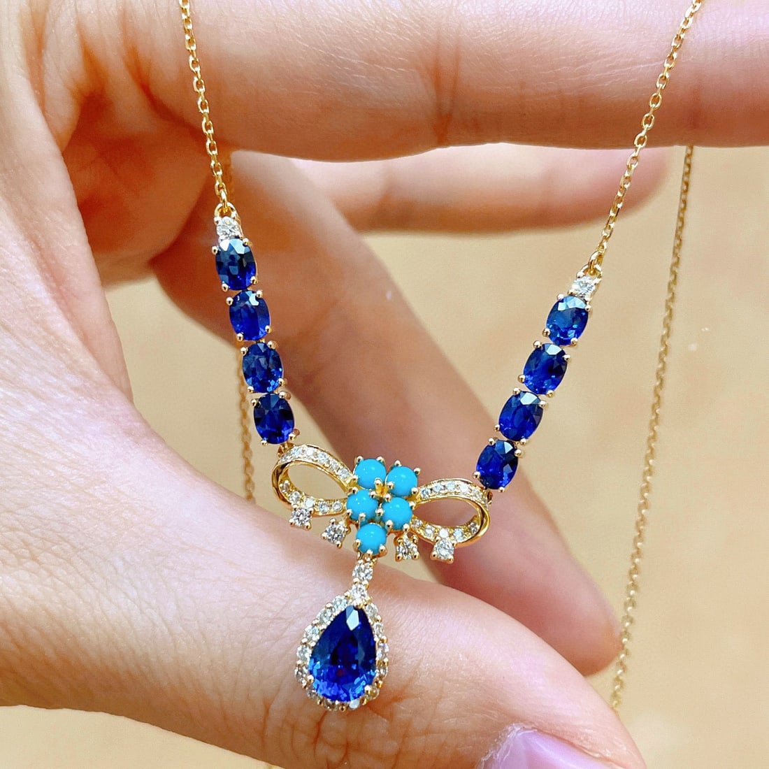 14k Gold 3.35 Ctw Natural Sapphire & Sapphire Necklace - 5