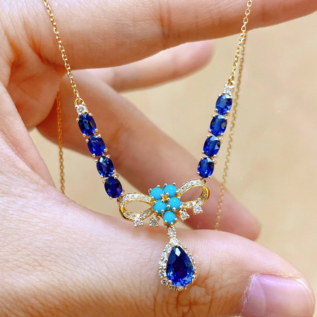 14k Gold 3.35 Ctw Natural Sapphire & Sapphire Necklace - 6