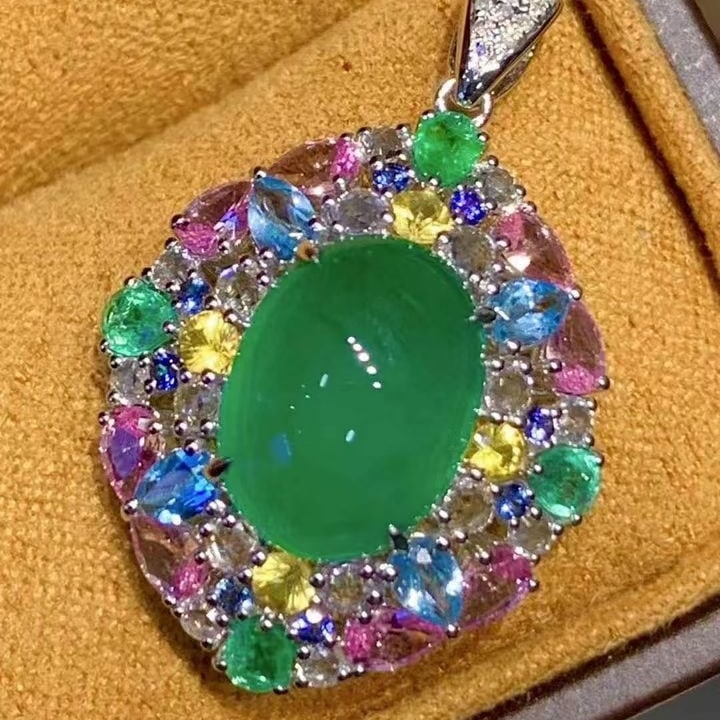 14k Gold 4.05 Ct Natural Emerald & Coloured Gemstone & Diamond Pendant( Without Chain ) - 2