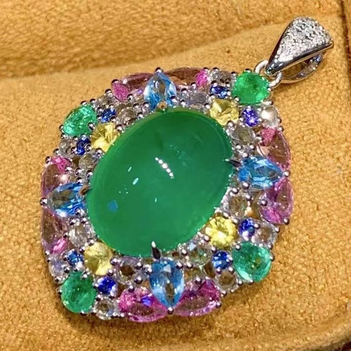 14k Gold 4.05 Ct Natural Emerald & Coloured Gemstone & Diamond Pendant( Without Chain ) - 3