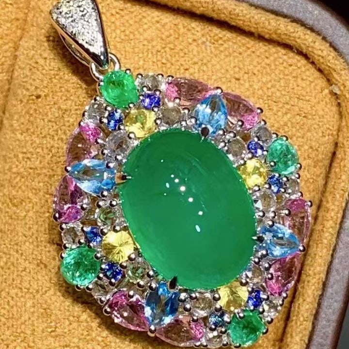 14k Gold 4.05 Ct Natural Emerald & Coloured Gemstone & Diamond Pendant( Without Chain ) - 4