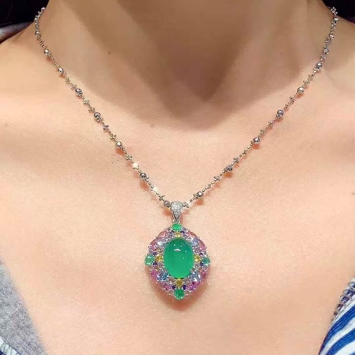 14k Gold 4.05 Ct Natural Emerald & Coloured Gemstone & Diamond Pendant( Without Chain ) - 5