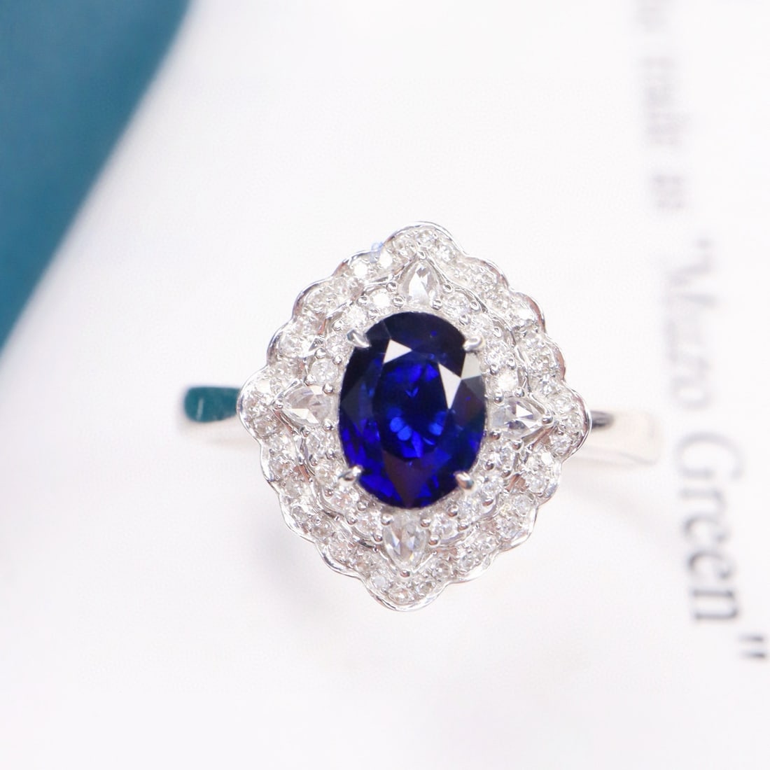 14k Gold 1.35 Ctw Natural Sapphire & Diamond Ring: Ref:231131118 // gold content:14k gold // ring size:7. 25us // // main gemstone:sapphire // shape:oval // carat weight:1. 10ct // color:blue // treatment:natural // // adjacent gemstone 2 :