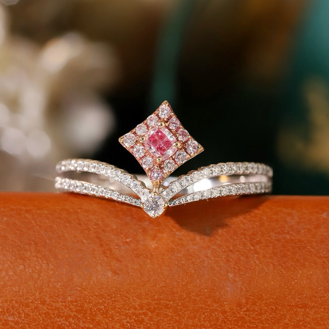 14k Gold 0.40 Ctw Natural Pink Diamond & Diamond Ring: Ref:231131127 // gold content:14k gold // ring size:7. 25us // // main gemstone:pink diamond // shape:oval // carat weight:0. 15ct // color:pink // treatment:natural // // adjacent gemstone 2 :
