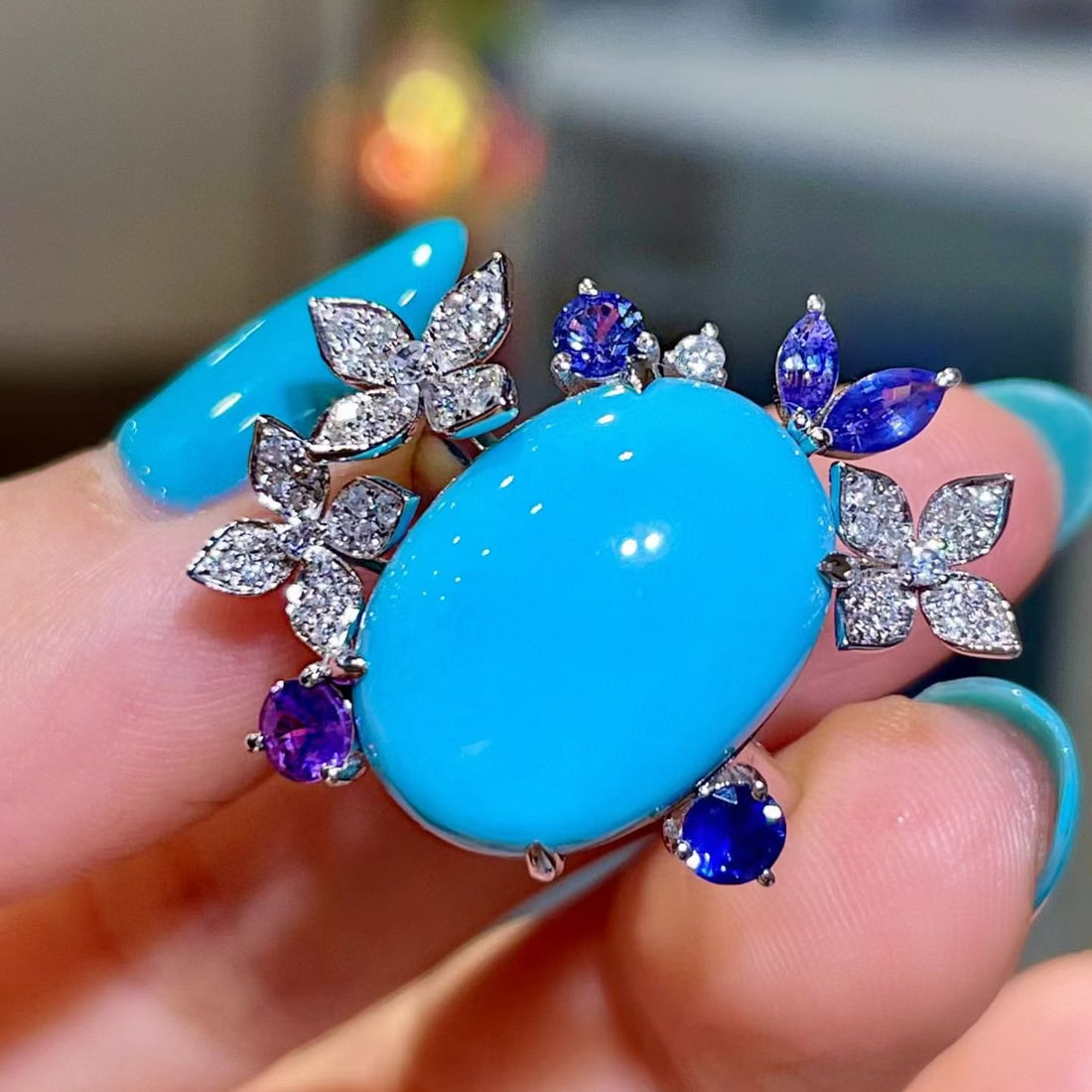 14k Gold 11.95 Ctw Natural Blue Turquoise & Sapphire Ring - 2