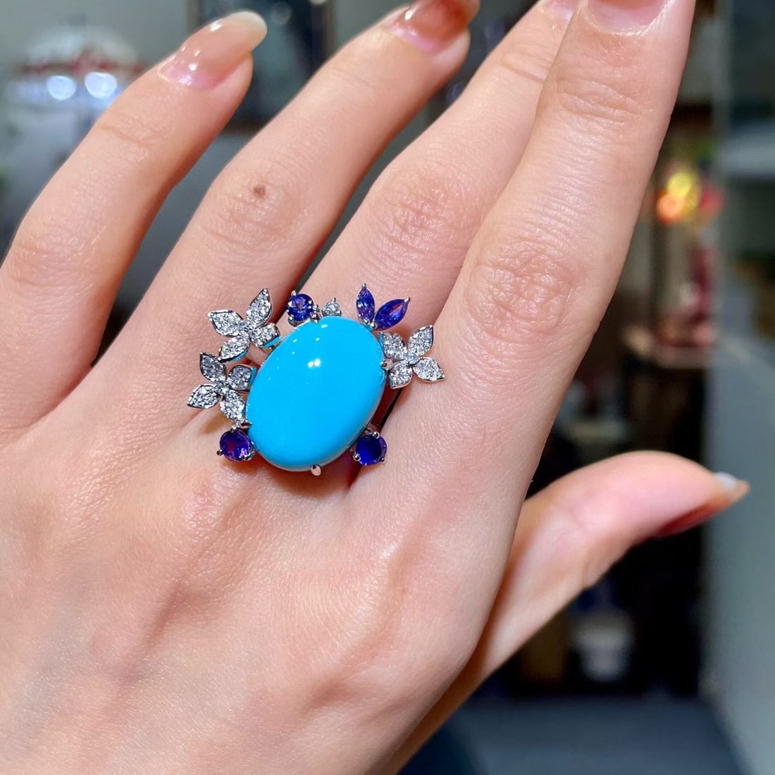 14k Gold 11.95 Ctw Natural Blue Turquoise & Sapphire Ring - 4