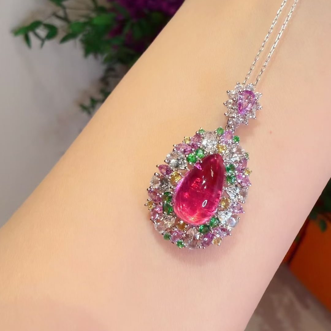 14k Gold 5.02 Ct Natural Tourmaline & Coloured Gemstone Pendant( Without Chain ) - 2