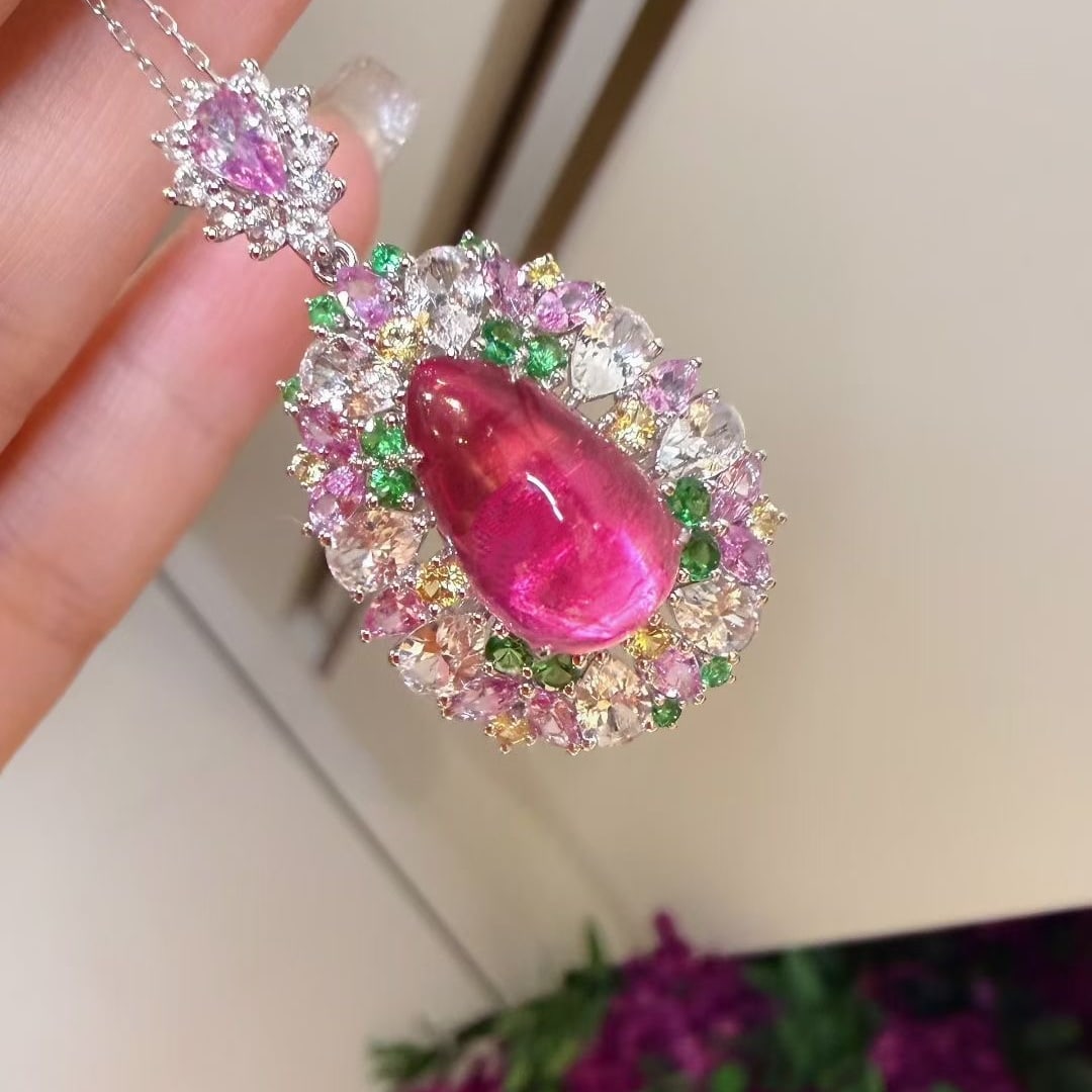 14k Gold 5.02 Ct Natural Tourmaline & Coloured Gemstone Pendant( Without Chain ) - 4