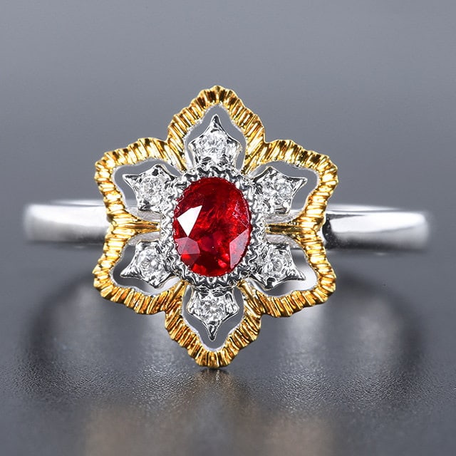 14k Gold 0.48 Ctw Natural Ruby & Diamond Ring: Ref:231131162 // gold content:14k gold // ring size:7. 25us // // main gemstone:ruby // shape:oval // carat weight:0. 42ct // color:red // treatment:natural // // adjacent gemstone 2 : diamond // numb