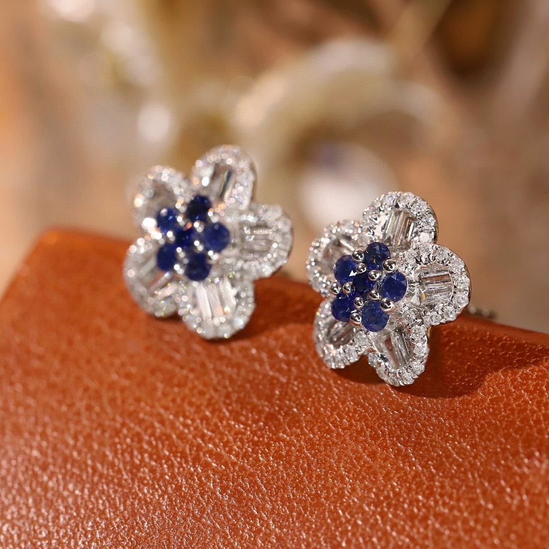 14k Gold 0.92 Ctw Natural Sapphire & Diamond & Flowers Earrings - 2