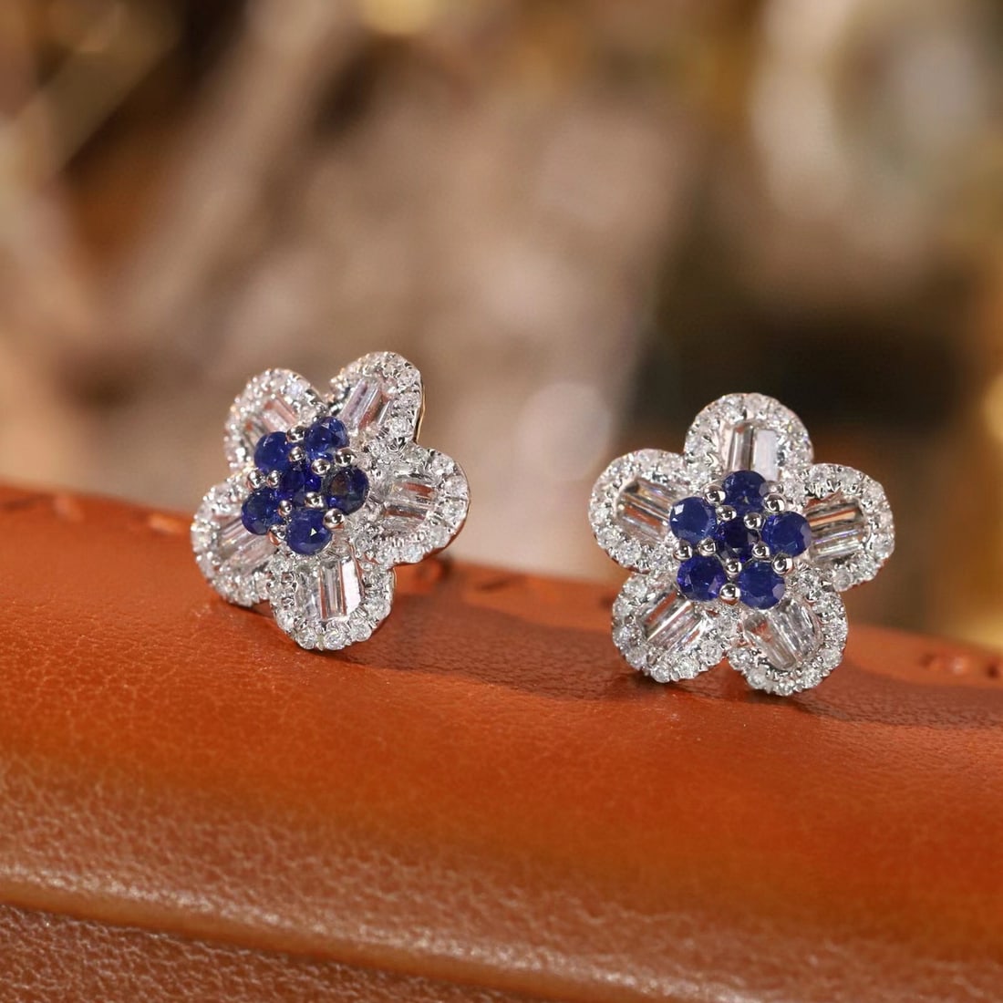 14k Gold 0.92 Ctw Natural Sapphire & Diamond & Flowers Earrings - 4