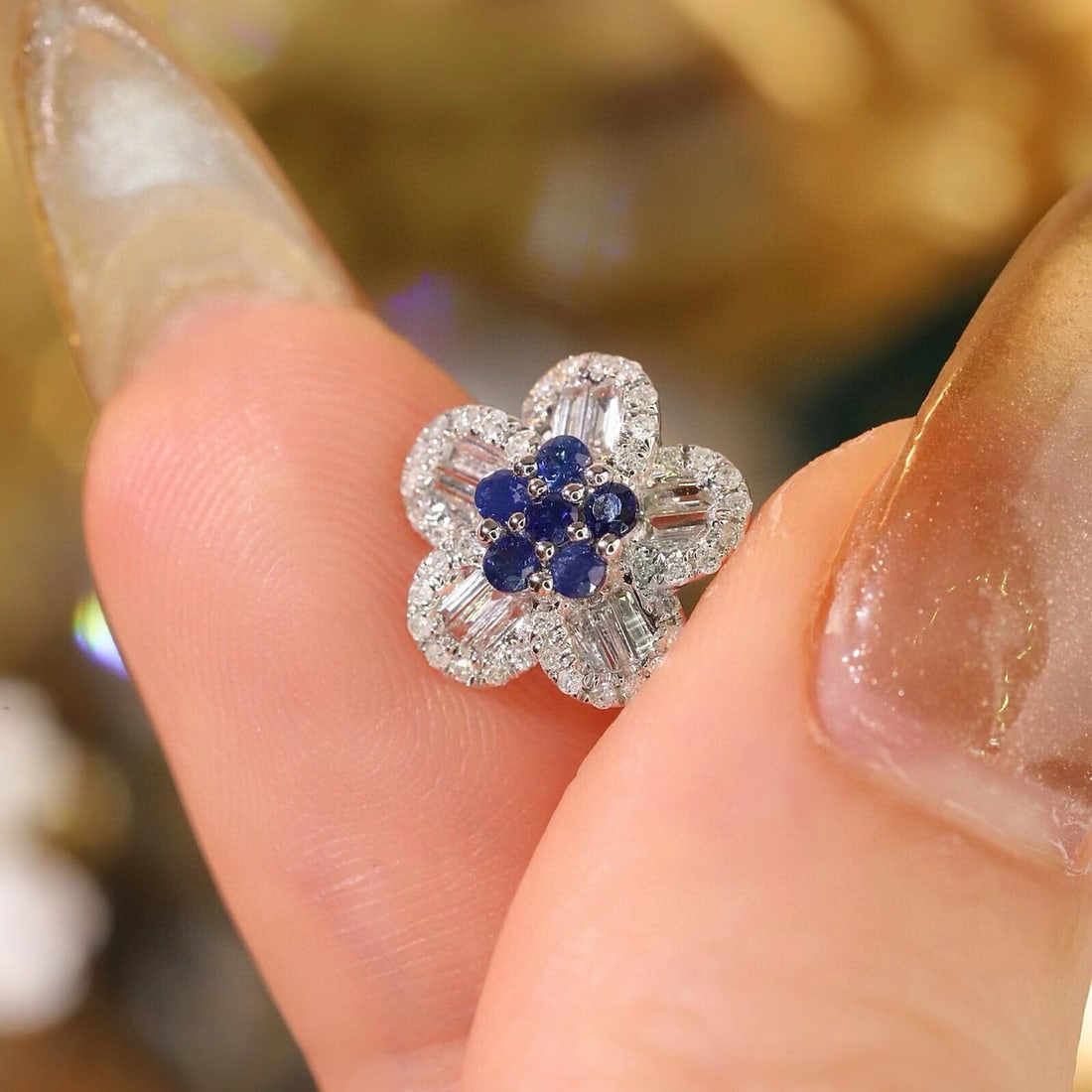 14k Gold 0.92 Ctw Natural Sapphire & Diamond & Flowers Earrings - 7