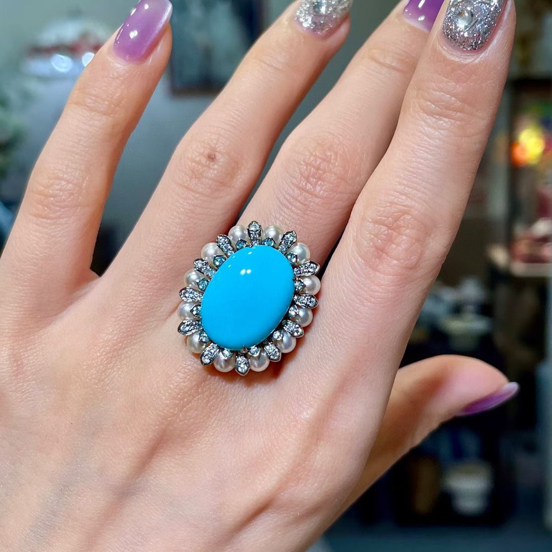 14k Gold 8.39 Ctw Natural Blue Turquoise & Diamond Ring - 2