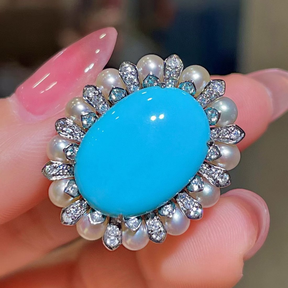 14k Gold 8.39 Ctw Natural Blue Turquoise & Diamond Ring - 3