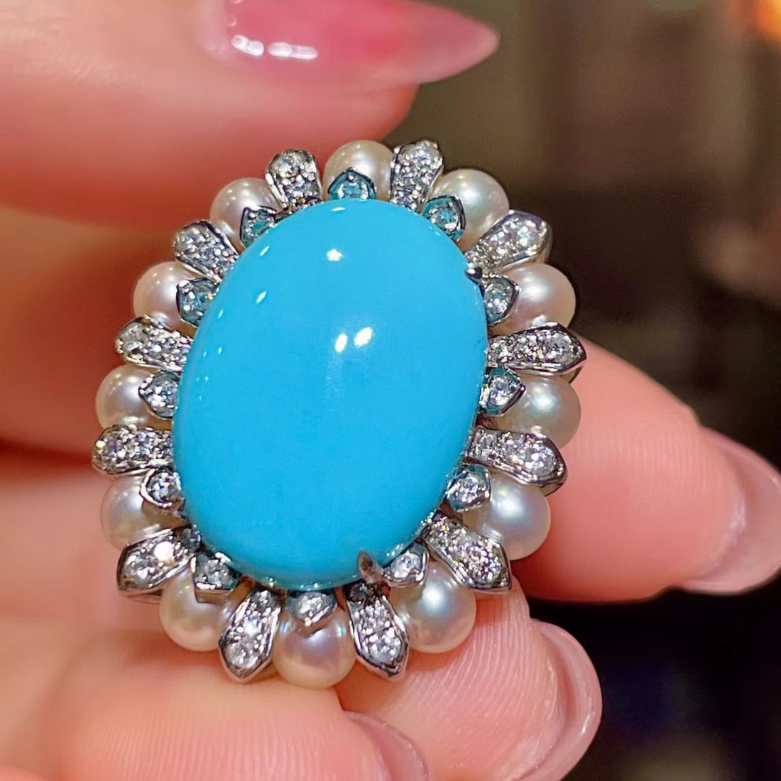 14k Gold 8.39 Ctw Natural Blue Turquoise & Diamond Ring - 5