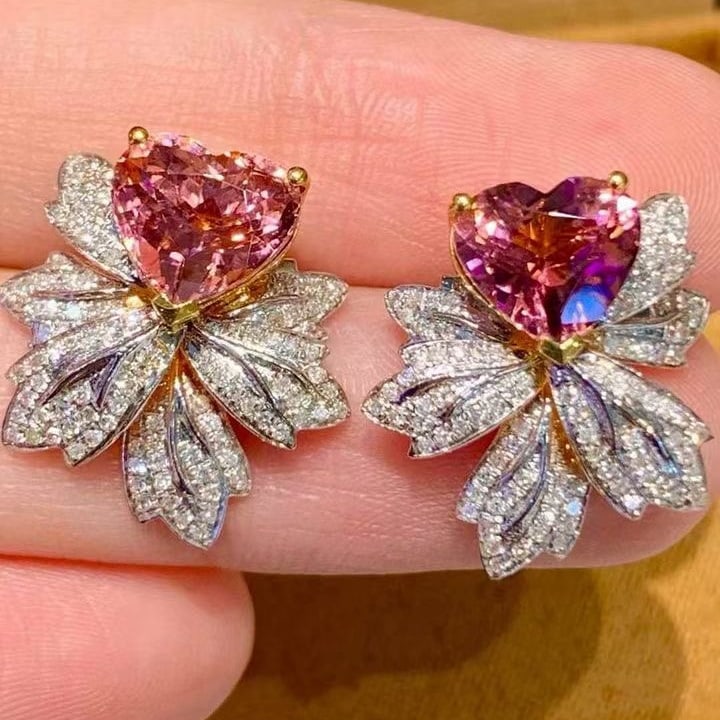 14k Gold 3.8 Ct Natural Tourmaline & Diamond Earrings: Ref:231131184 // gold content:14k gold // main gemstone:tourmaline // shape:heart // carat weight:3. 8ct // color:pink // treatment:natural // // adjacent gemstone 2 : diamond // shape:round // clarit