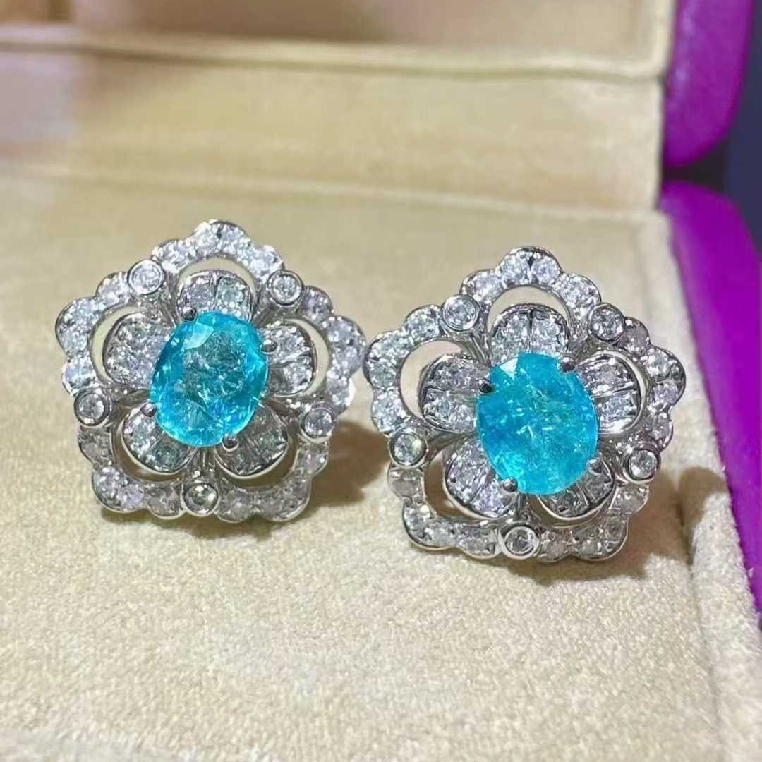 14k Gold 1.32 Ctw Natural Paraiba Tourmaline & Diamond Earrings - 2