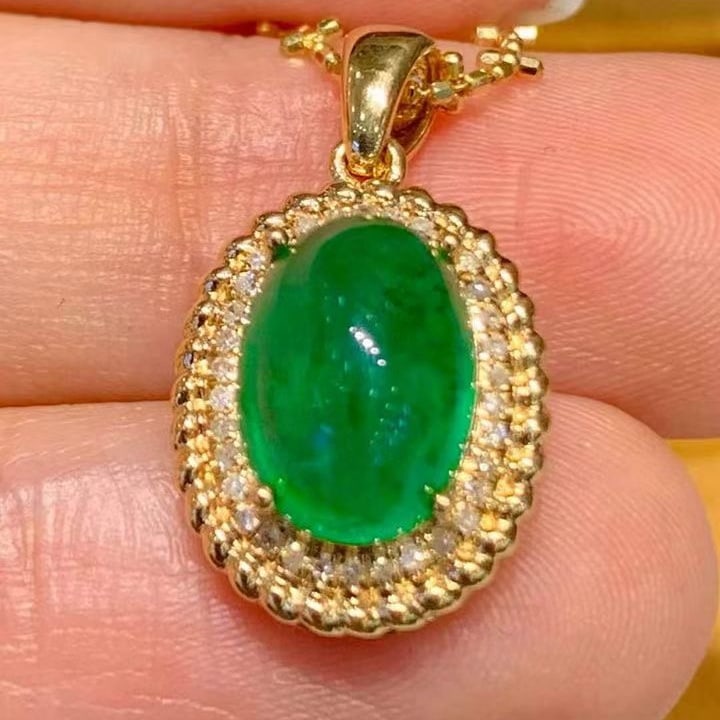 14k Gold 3 Ct Natural Emerald & Diamond Pendant( Without Chain ) - 2