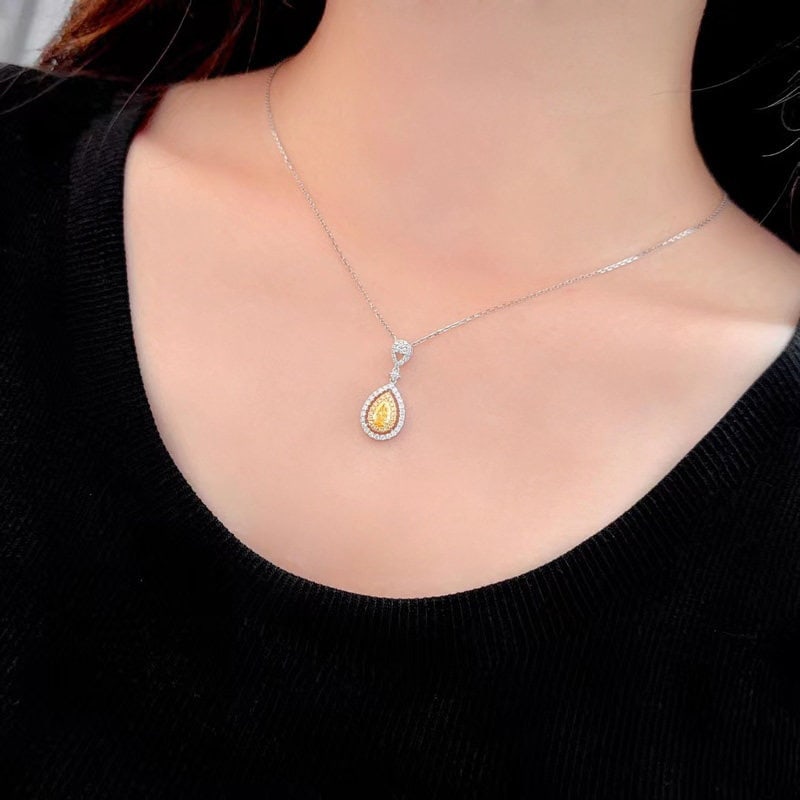 14k Gold 0.7 Ctw Natural Yellow Diamond & Diamond Pendant( Without Chain ) - 2