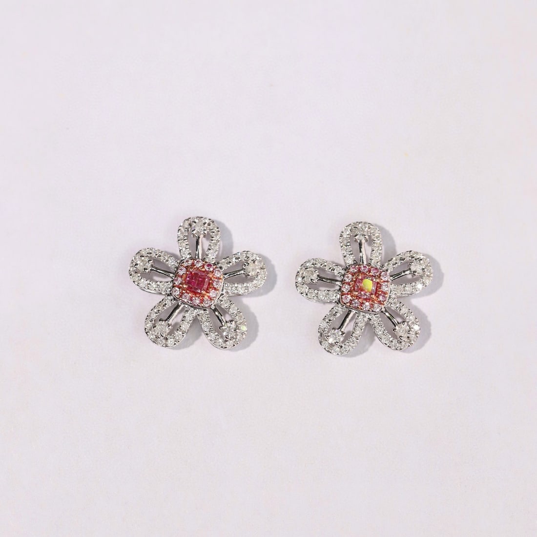 14k Gold 0.56 Ctw Natural Pink Diamond & Diamond & Flowers Earrings - 8