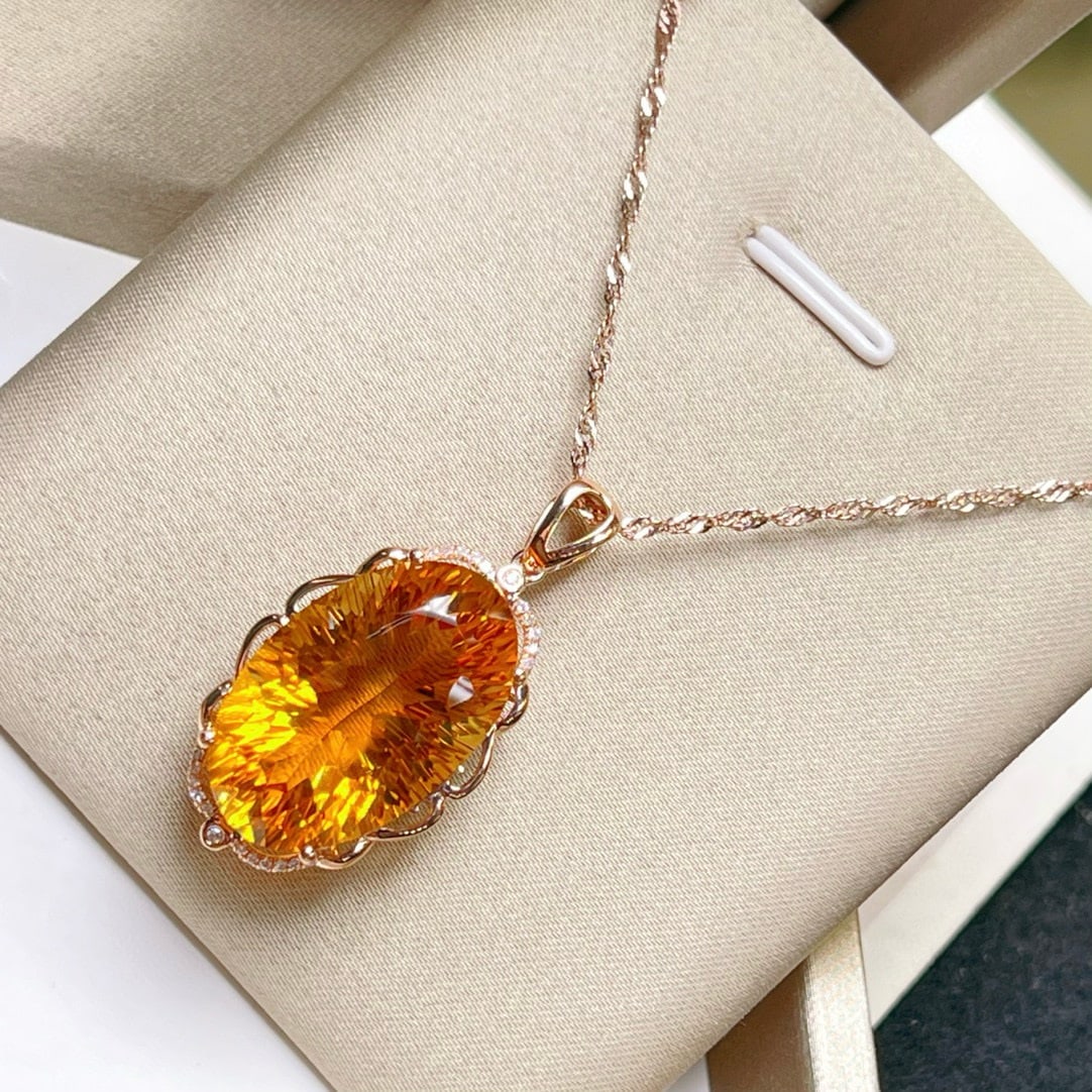 14k Gold 19.02 Ctw Natural Citrine & Diamond Pendant( Without Chain ) - 2