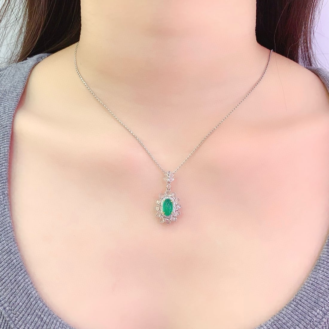 14k Gold 2 Ct Natural Emerald & Diamond & Sapphire Pendant( Without Chain ) - 5