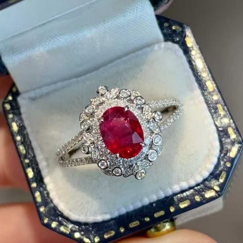 14k Gold 1.48 Ctw Natural Ruby & Diamond Ring: Ref:231131251 // gold content:14k gold // ring size:7. 25us // // main gemstone:ruby // shape:oval // carat weight:1. 25ct // color:red // treatment:natural // // adjacent gemstone 2 : diamond //