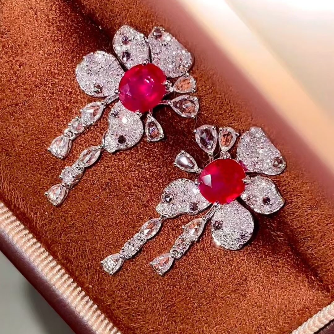 14k Gold 1.36 Ct Natural Ruby & Diamond & Sapphire Earrings - 2