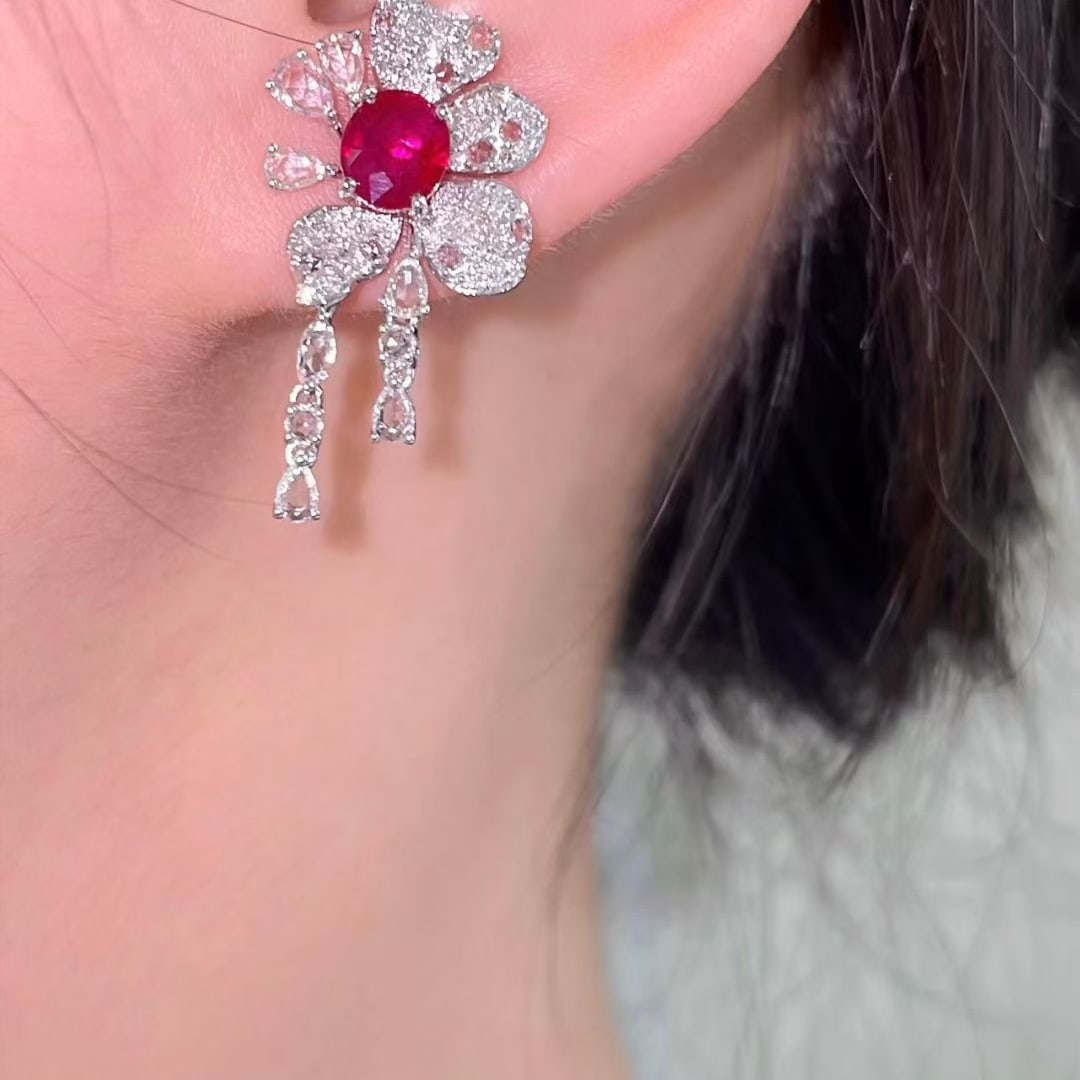 14k Gold 1.36 Ct Natural Ruby & Diamond & Sapphire Earrings - 3