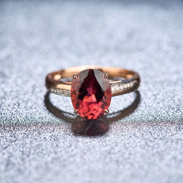 14k Gold 2.5 Ct Natural Tourmaline & Diamond Ring: Ref:231132013 // gold content:14k gold // ring size:7. 25us // // main gemstone:tourmaline // shape:oval // carat weight:2. 5ct // color:red // treatment:natural // // adjacent gemstone 2 :