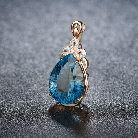 14k Gold 17.35 Ct Natural Topaz & Diamond Pendant( Without Chain ) - 3