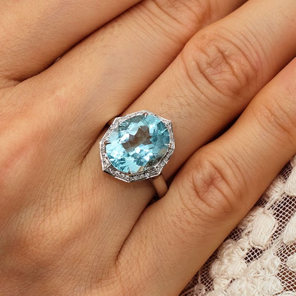 14k Gold 4.69 Ct Natural Aquamarine & Diamond Ring - 9