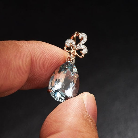 14k Gold 4.58 Ct Natural Aquamarine & Diamond Pendant( Without Chain ) - 7