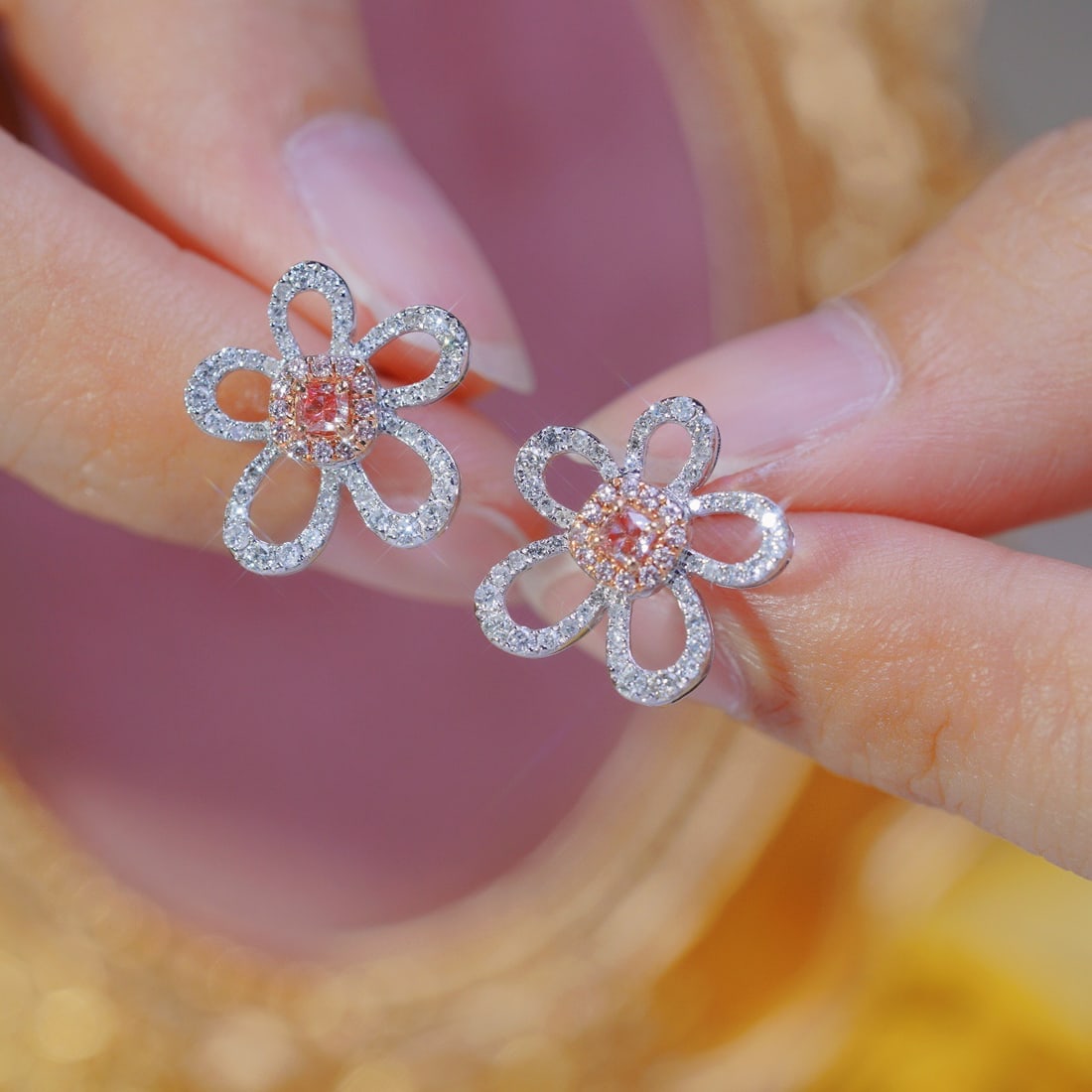 14k Gold 0.8 Ct Natural Color Diamond & Flowers Earrings - 7