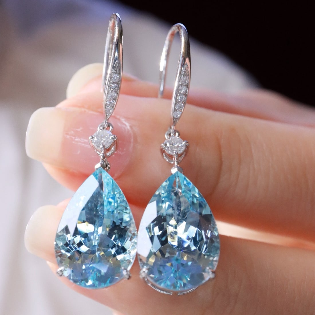 14k Gold 9.58 Ctw Natural Aquamarine & Diamond Earrings - 2