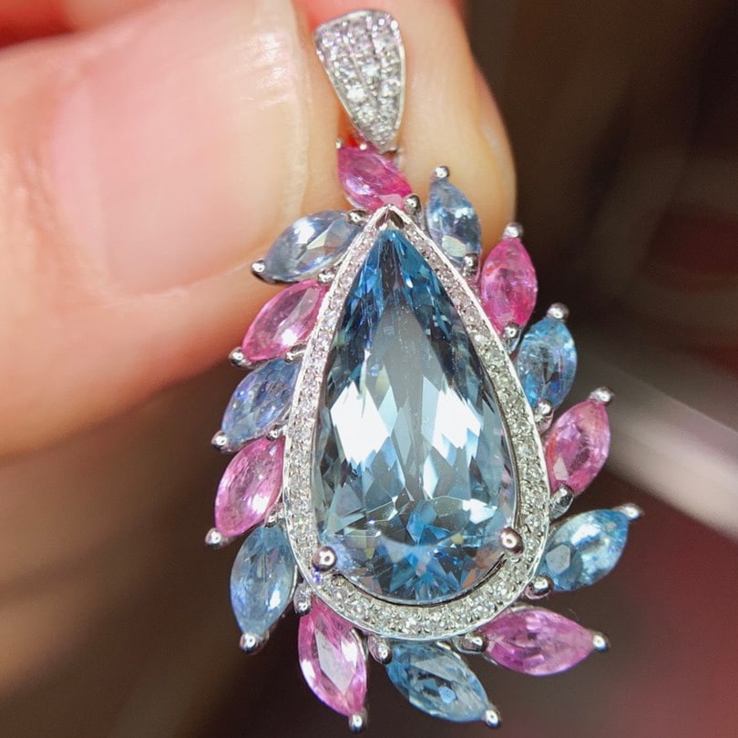 14k Gold 9.85 Ctw Natural Aquamarine & Sapphire Pendant( Without Chain ) - 4