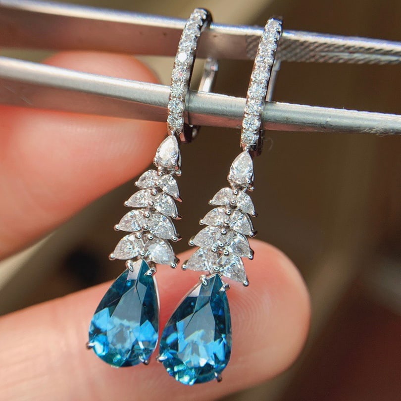 14k Gold 2.75 Ctw Natural Aquamarine & Diamond Earrings - 5